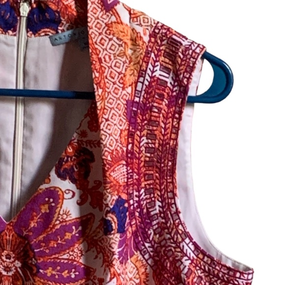 Antonio Melani Dress 10 Orange Blue Floral Sleeveless V-Neck Lined Belt Loops - Picture 3 of 12